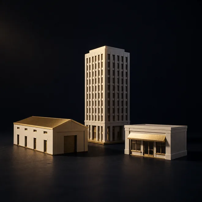 Maquetes de um prédio comercial, um galpão e uma loja